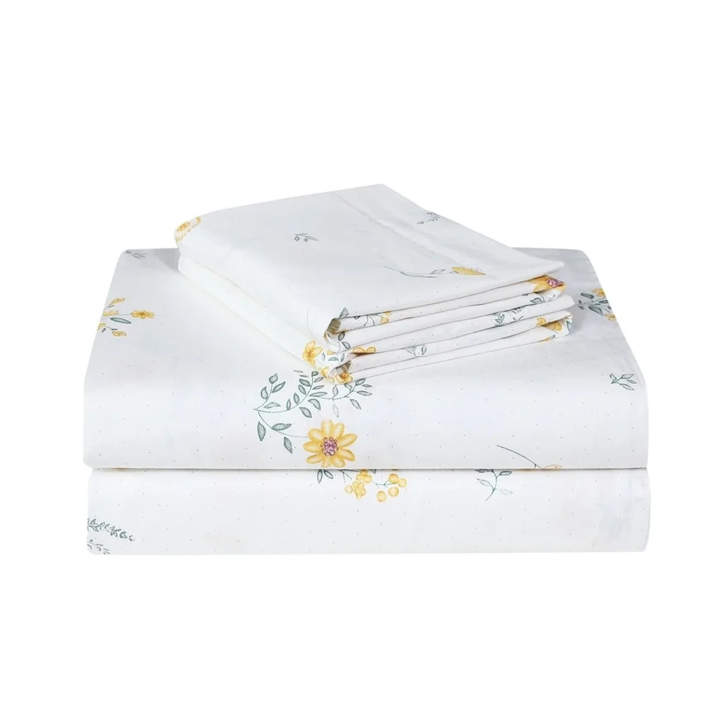 Leila Yellow Floral 100% Cotton Sheet Set with Pillowcases King Shabby‎ Chic